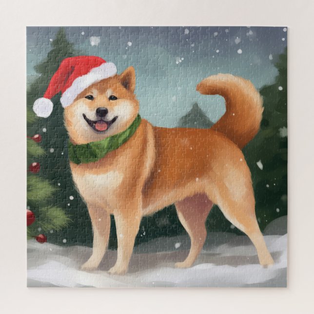 Quebra-cabeça Cão Shiba Inu no Natal da Neve (Vertical)