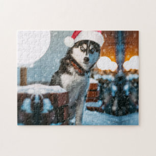 Quebra-cabeça Cão Siberiano Husky vestindo chapéu Santa