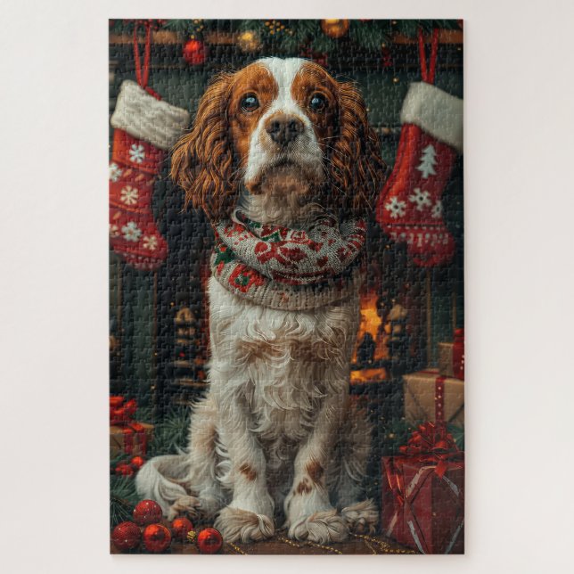Quebra-cabeça Cão Springer Spaniel Com Presente de Natal na Lare (Vertical)