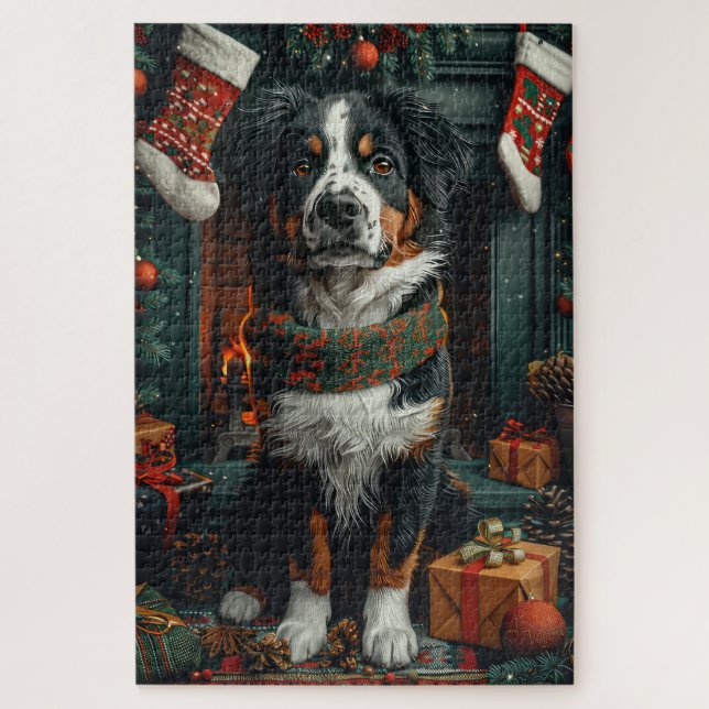 Quebra-cabeça Cão Suíço Maior com Presentes de Natal Lareira (Vertical)