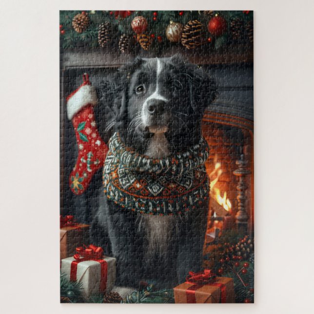 Quebra-cabeça Cão Terra-Nova com Presentes de Natal na Lareira (Vertical)