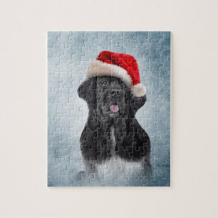 Quebra-cabeça Cão Terra Nova no chapéu vermelho de Papai Noel