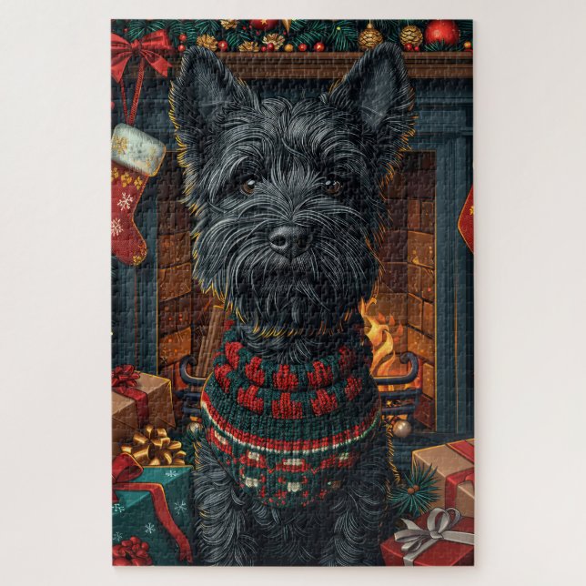 Quebra-cabeça Cão Terrier escocês com presentes de Natal (Vertical)