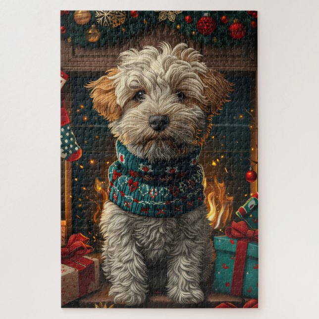 Quebra-cabeça Cão Terrier Wheaten Com Presentes de Natal Lareira (Vertical)