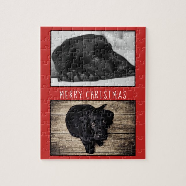 Quebra-cabeça Cão Vermelho Cinto Cachorro 2 Fotos Colagem Natal (Vertical)