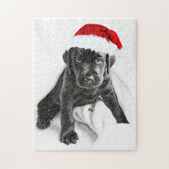 Quebra-cabeça Cãozinho labrador preto com chapéu de Natal (Vertical)