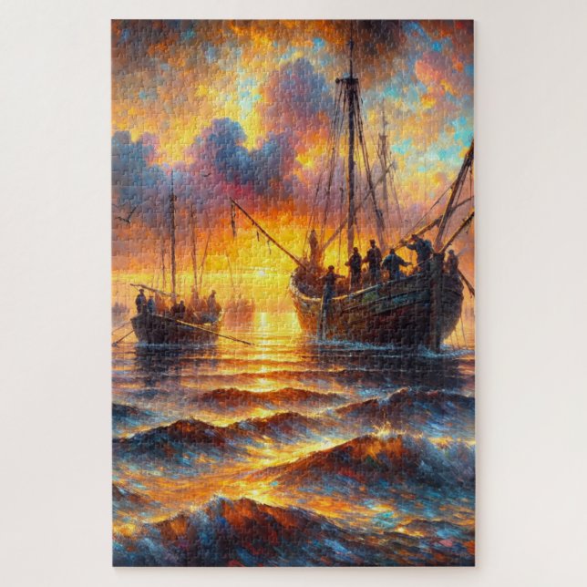 Quebra-cabeça Captura de peixes da pesca em Sunset (Vertical)