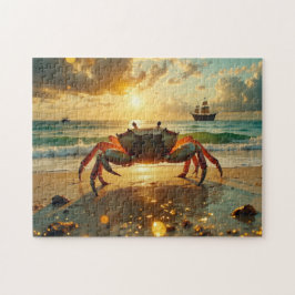 Quebra-cabeça caranguejo na praia ao pôr do sol