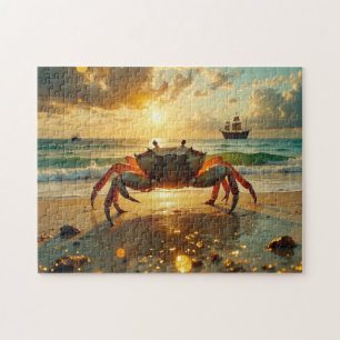 Quebra-cabeça caranguejo na praia ao pôr do sol