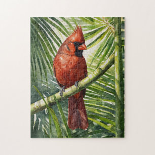 Quebra-cabeça Cardeal aquarela em uma palmeira