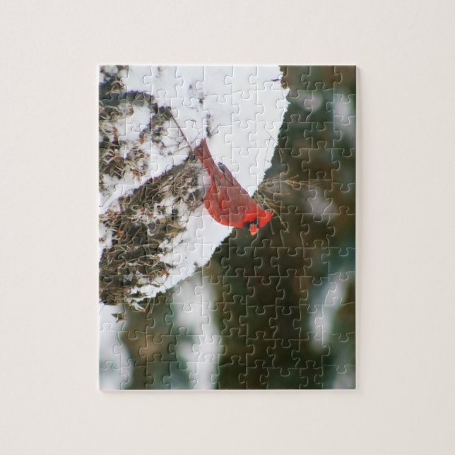 Quebra-cabeça Cardeal Perch em um Bush Neve (Vertical)