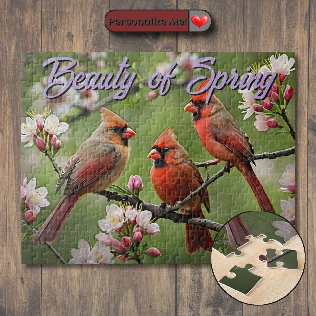 Quebra-cabeça Cardiais da Primavera Personalizáveis (Customizable Spring Cardinals Jigsaw Puzzle)