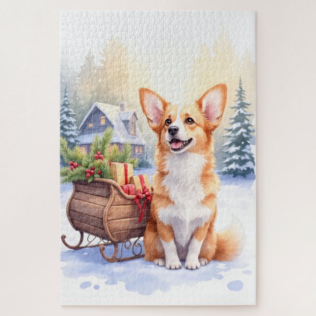 Quebra-cabeça Cardigan Welsh Corgi Festive Sleigh Christmas Art (Vertical)