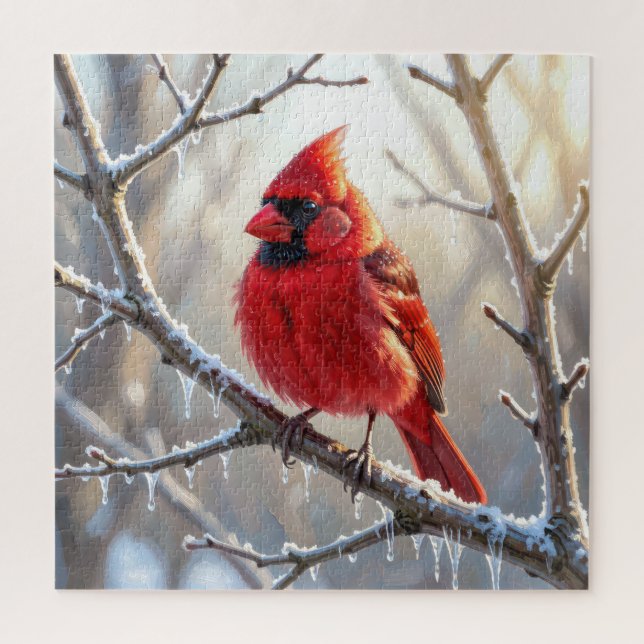 Quebra-cabeça Cardinal Posado no Ramo de Inverno com Pingentes d (Vertical)