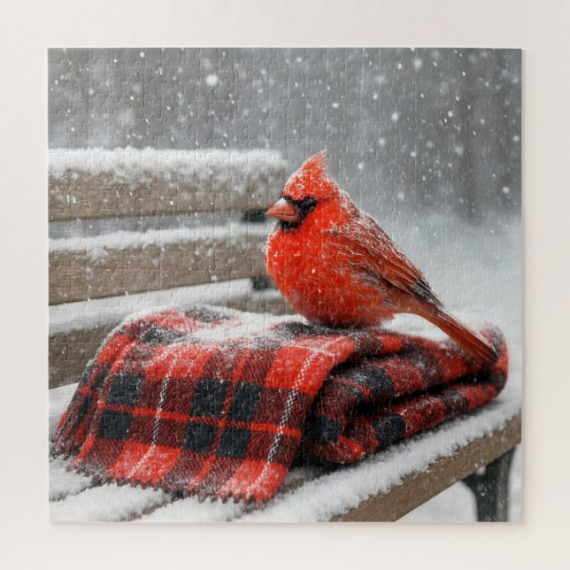 Quebra-cabeça Cardinal Vermelho em um Cobertor Xadrez Nevado (Vertical)