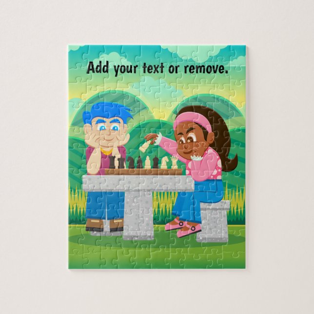 Quebra-cabeça Caricatura, rapaz e rapariga negra jogando xadrez  (Vertical)