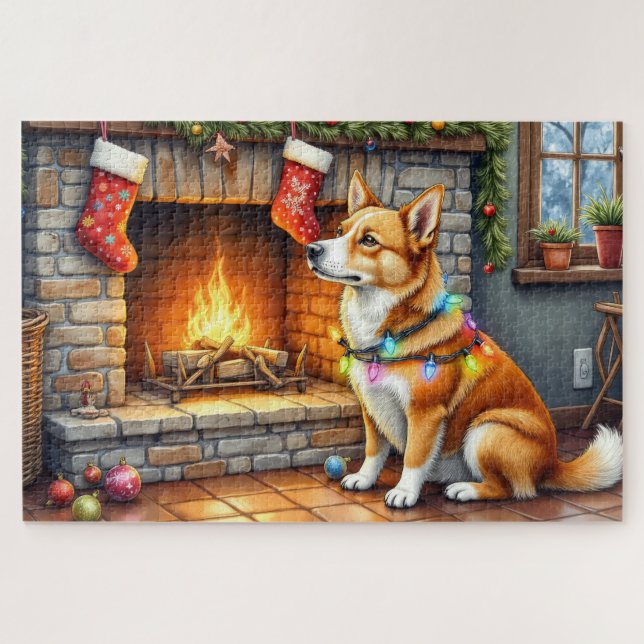 Quebra-cabeça Carolina Dog Fireplace with Christmas Lights (Horizontal)