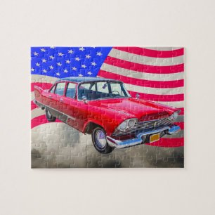 Quebra-cabeça Carro 1958 do Savoy de Plymouth com bandeira
