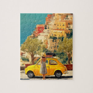 Quebra-cabeça Carro Amarelo Antigo na Costa Amalfitana, Positano