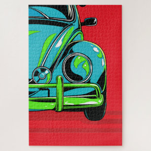 Quebra-cabeça Carro Esportivo Turquesa Retro na Frente Pop Art