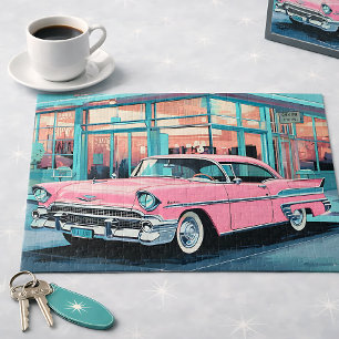Quebra-cabeça Carro Rosa dos Anos 50 Retro Lanchonete de Meados
