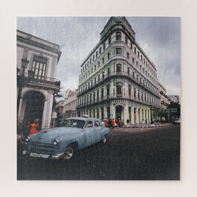 Quebra-cabeça Carro vintage Clássico Azul Cityscape (Vertical)