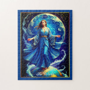 Quebra-cabeça Carta de Tarot, o Mundo, em Azul Profundo