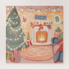 Quebra-cabeça Cartão de Natal com Lareira em Aquarela