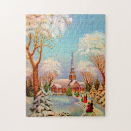Quebra-cabeça Cartão-postal da cena de neve da igreja