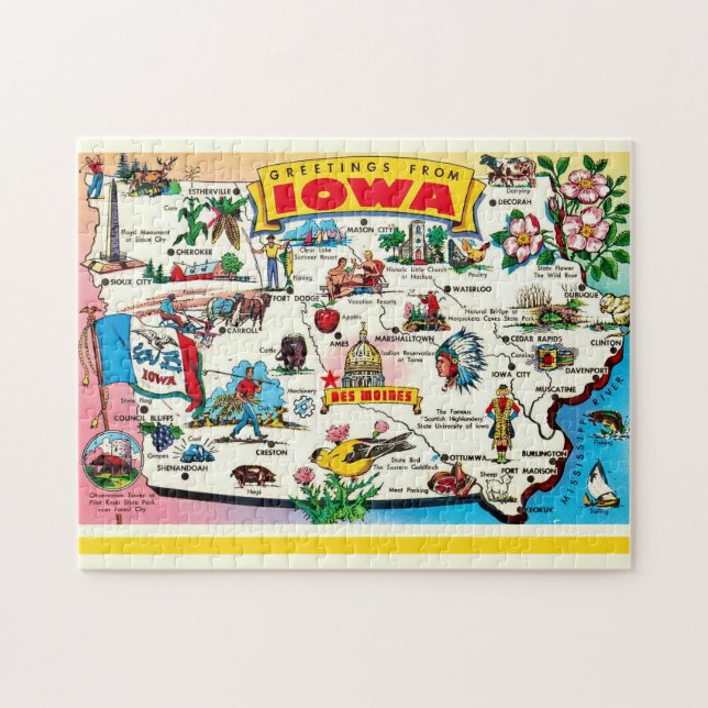 Quebra-cabeça Cartão Postal do Mapa de Iowa Ilustrado (Horizontal)