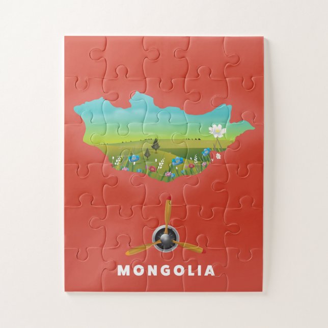 Quebra-cabeça Cartaz de turismo de mapa ilustrado da Mongólia. (Vertical)