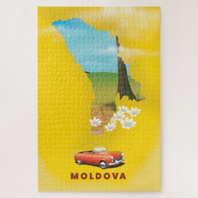 Quebra-cabeça Cartaz de viagem ilustrado do mapa da Moldávia (Vertical)