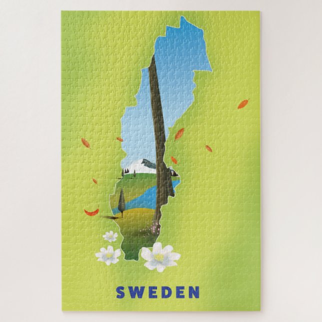 Quebra-cabeça Cartaz de viagem ilustrado do mapa da Suécia. (Vertical)