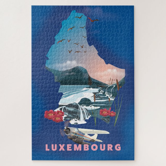 Quebra-cabeça Cartaz de viagem ilustrado do mapa do Luxemburgo. (Vertical)