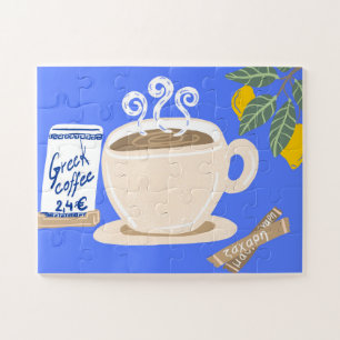 Quebra-cabeça Cartaz Mediterrâneo de Café Grego e Ramo de Limão