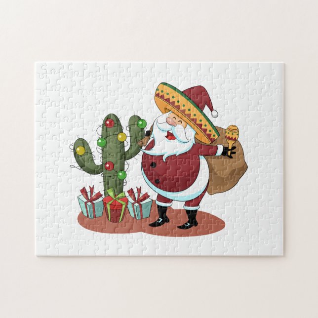 Quebra-cabeça Cartoon cactus e Papai Noel vestindo um sombrero (Horizontal)