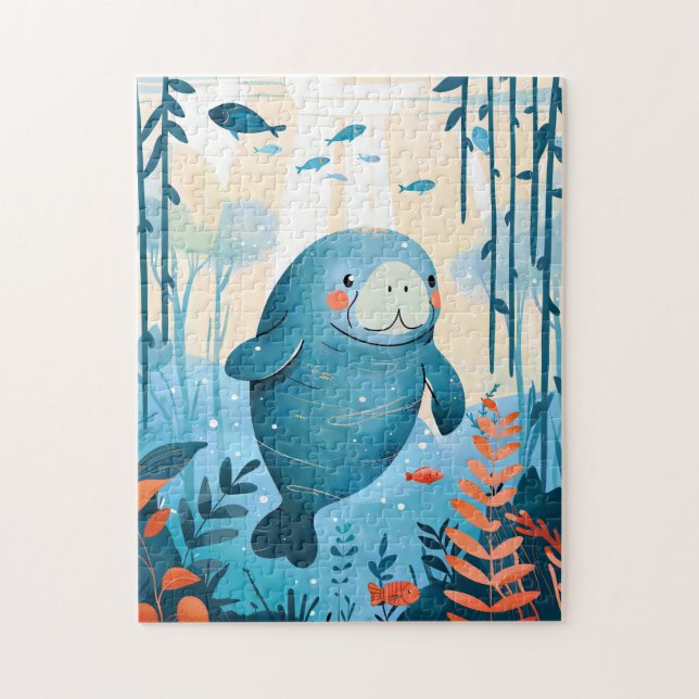 Quebra-cabeça Cartoon Gentle Manatee no Oceano (Vertical)