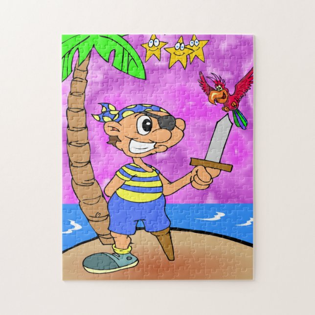 Quebra-cabeça Cartoon Pirata Com Papagaio E Estrelas Quebra-cabe (Vertical)