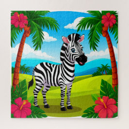 Quebra-cabeça Cartoon Zebra animado em uma paisagem tropical