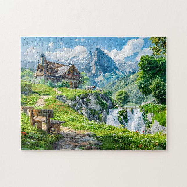 Quebra-cabeça Casa Alpina junto à Queda d'Água da Montanha (Horizontal)