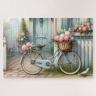 Quebra-cabeça Casa de Bicicleta Cottage Azul com Cesto de Flores