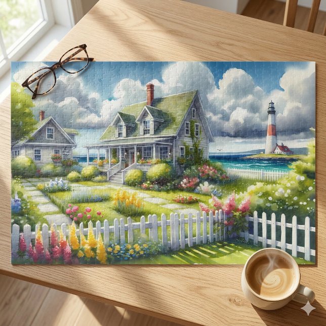 Quebra-cabeça Casa de Campo com Vista para o Farol (Cottage With View Of The Lighthouse Jigsaw Puzzle On Wood Table)