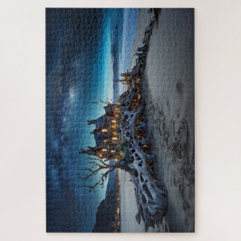 Quebra-cabeça Casa de fadas sobre madeira moída sob as estrelas