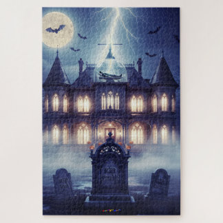 Quebra-cabeça Casa de Halloween com Frankie, Azul Escuro