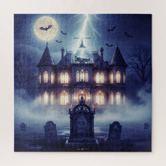 Quebra-cabeça Casa de Halloween com Frankie, Azul Escuro