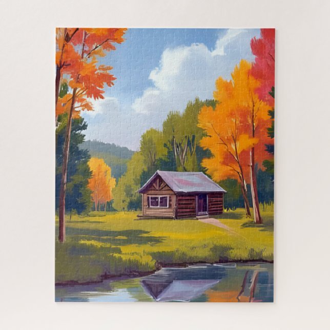 Quebra-cabeça Casa de Outono à Beira do Lago (Vertical)