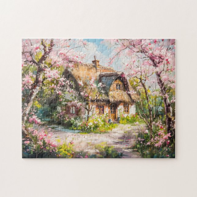 Quebra-cabeça Casa de primavera com árvores frutíferas floridas (Horizontal)
