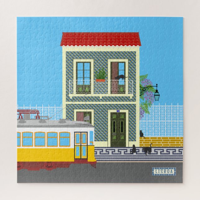 Quebra-cabeça Casa velha de Lisboa com gatos e elétrico amarelo (Vertical)