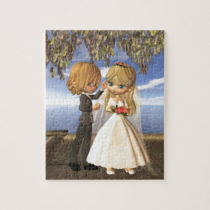 Quebra-cabeça Casal bonito do casamento de Toon em um balcão do