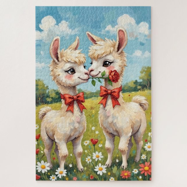 Quebra-cabeça Casal de Alpaca Fofa com Arco Vermelho Arte (Vertical)